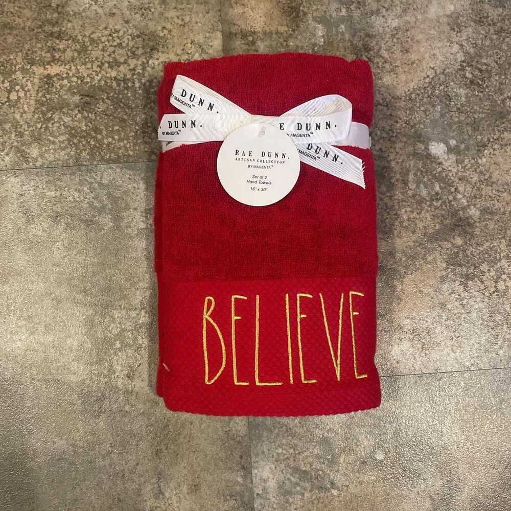rae dunn red “believe” holiday hand towels